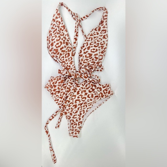 Leopard Animal Print Low Cut One Piece Monokini Swimsuit Tan White Size L Large - Picture 4 of 9